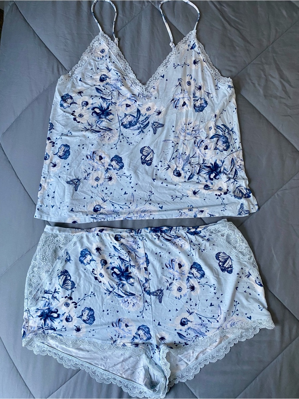 Victoria's Secret White and Blue Floral Lace-Trim Cami & Shorts Pajama Set